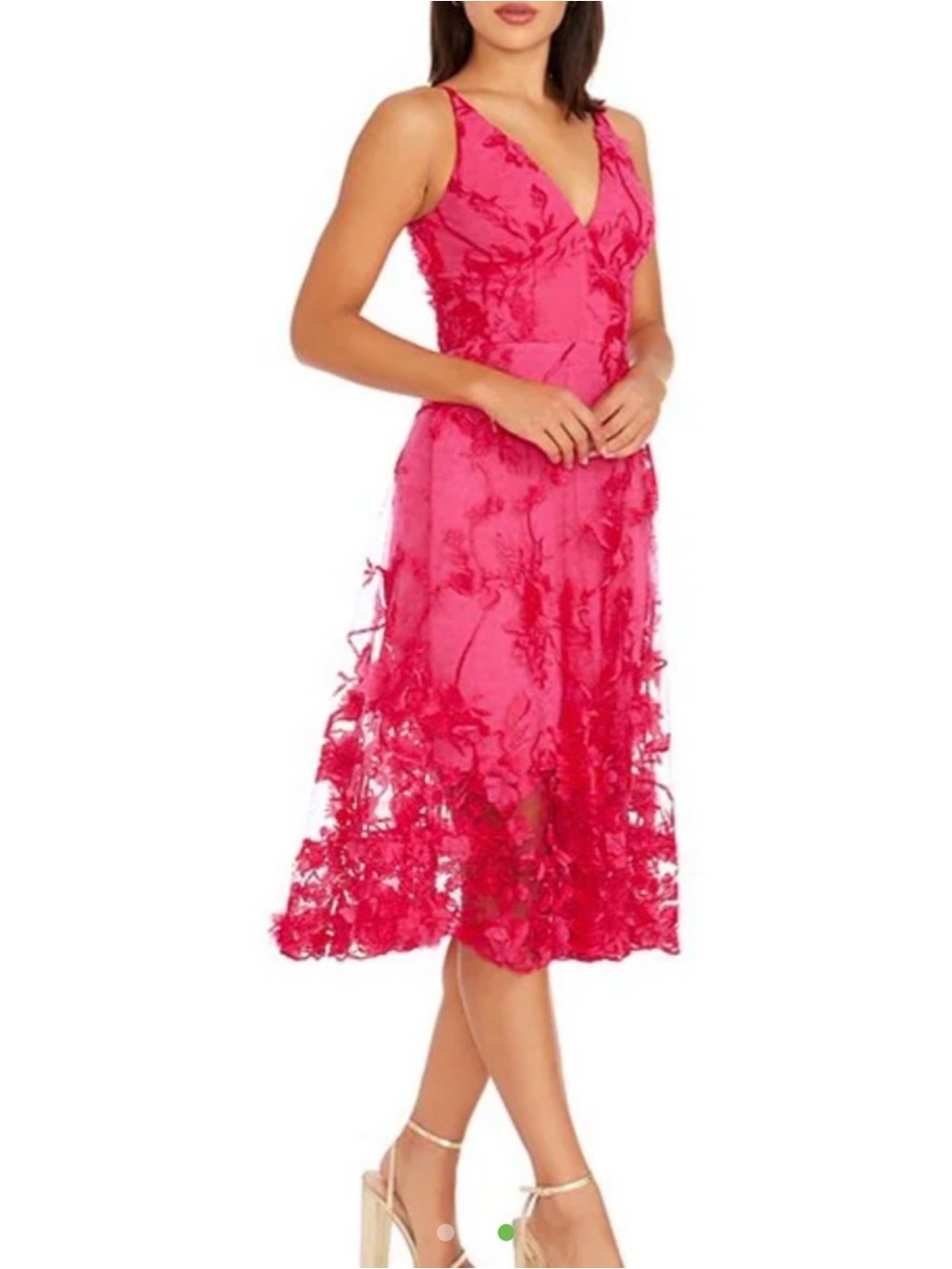 NWT - Dress the Population Fuchsia Floral V-Neck Lace Overlay Midi Dress - Picture 3 of 7